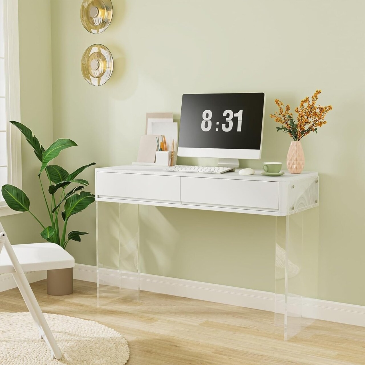 Tribesigns Makeup Vanity Desk White With 2 Drawers Acrylic Legs Modern Design